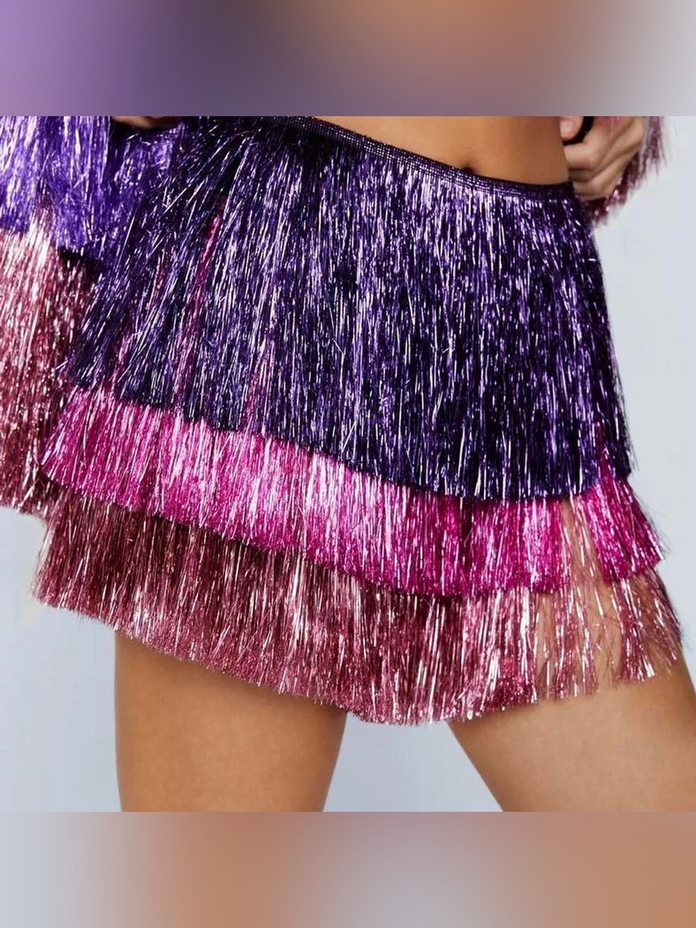 Nasty Gal Metallic Purple and Pink Tiered Fringe Mini Skirt